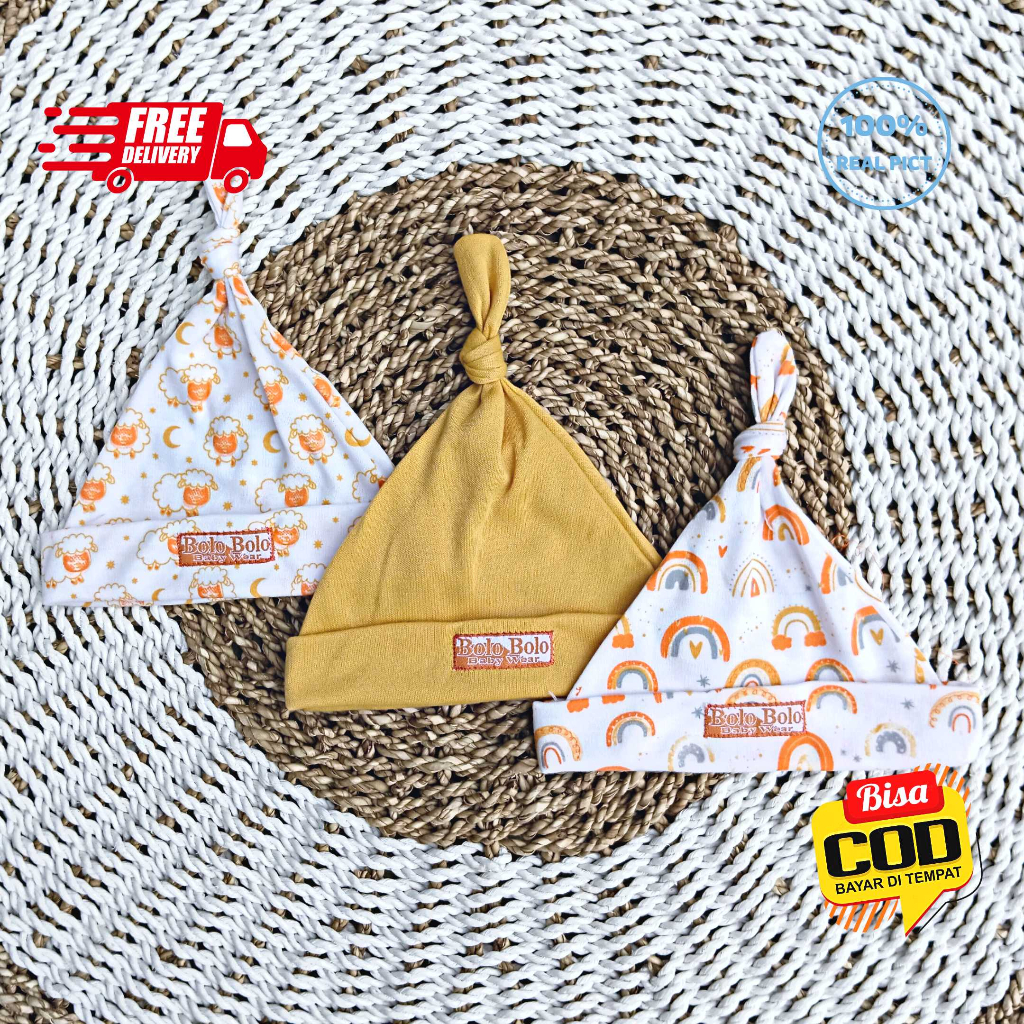 SALE 7.7 Serian Mustard - 3 Pcs Topi Kupluk Bayi Baru Lahir Topi Bayi 0 - 3 Bulan MUSTARD SERIES merk SNI Bolo - Bolo