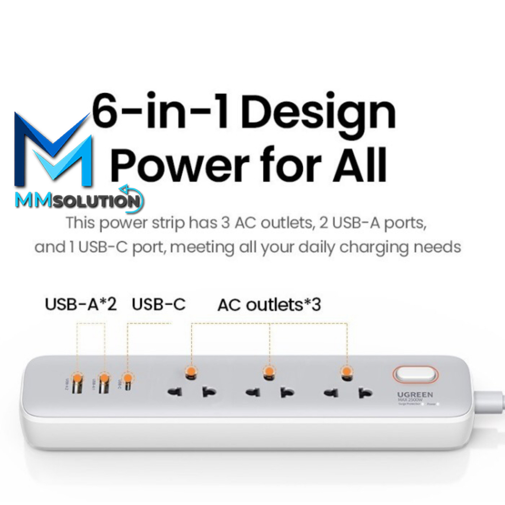 UGREEN Power Strip 6 IN 1 Stop Kontak + Adapter USB A + Type C GaN 30W - 15143
