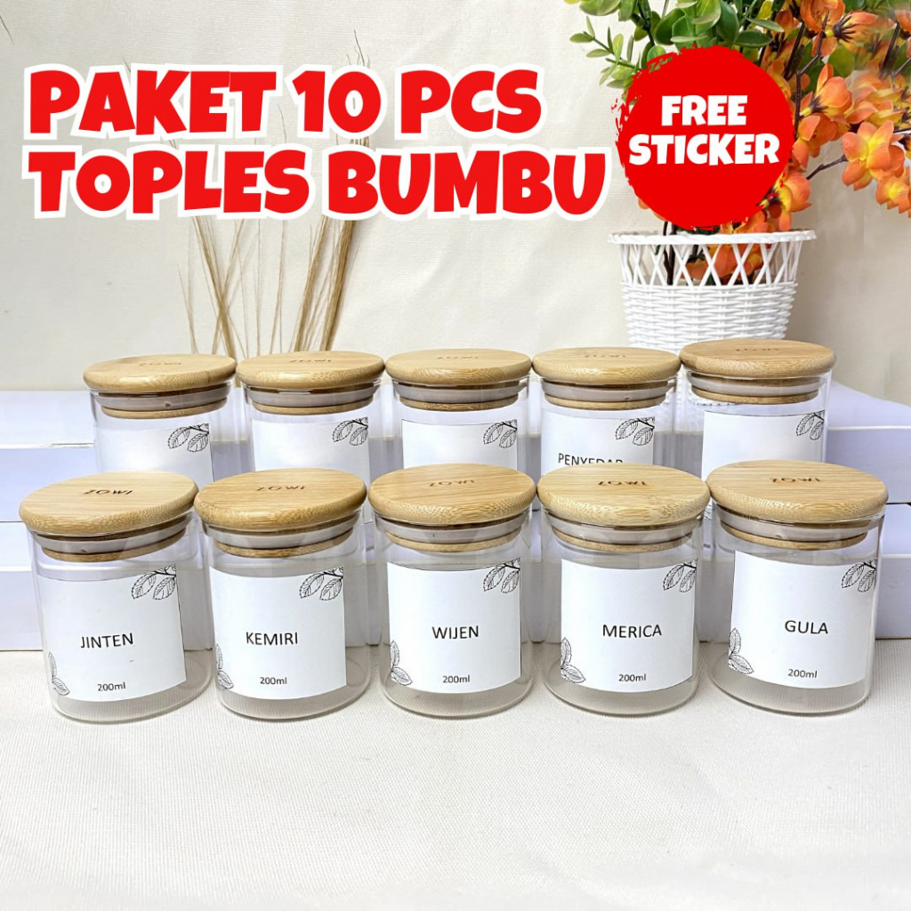 [10Pcs] TOPLES tempat bumbu dapur/ Toples Kaca Kedap Udara Wadah Bumbu Anti Air 250ml