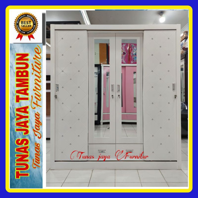 Lemari Baju 4Pintu Sliding Jumbo , Lemari Baju Sliding 4Pintu Putih , Lemari Baju 4Pintu Murah