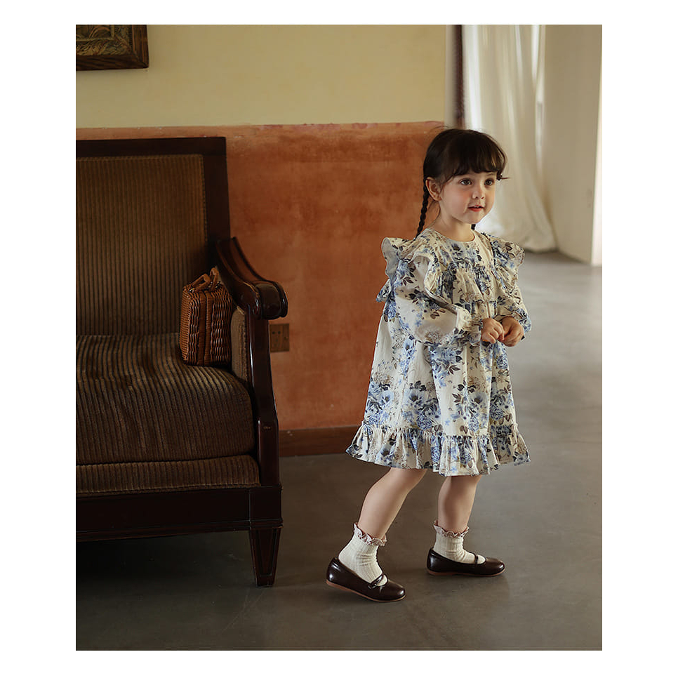 Dress Anak Cewek Impor Lengan Panjang Bunga Bunga Putih Biru Korean Style