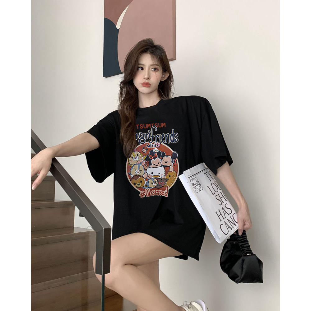 XiaoZhaiNv Kaos Atasan Oversize Wanita Disney Mickey Mouse Pattern Lengan Pendek A0307