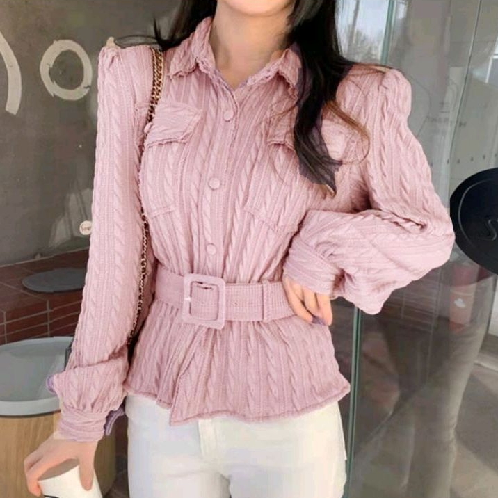 2300 (Free BELT) Baju atasan kemeja polos lengan panjang Korea Korean style wanita premium import ba