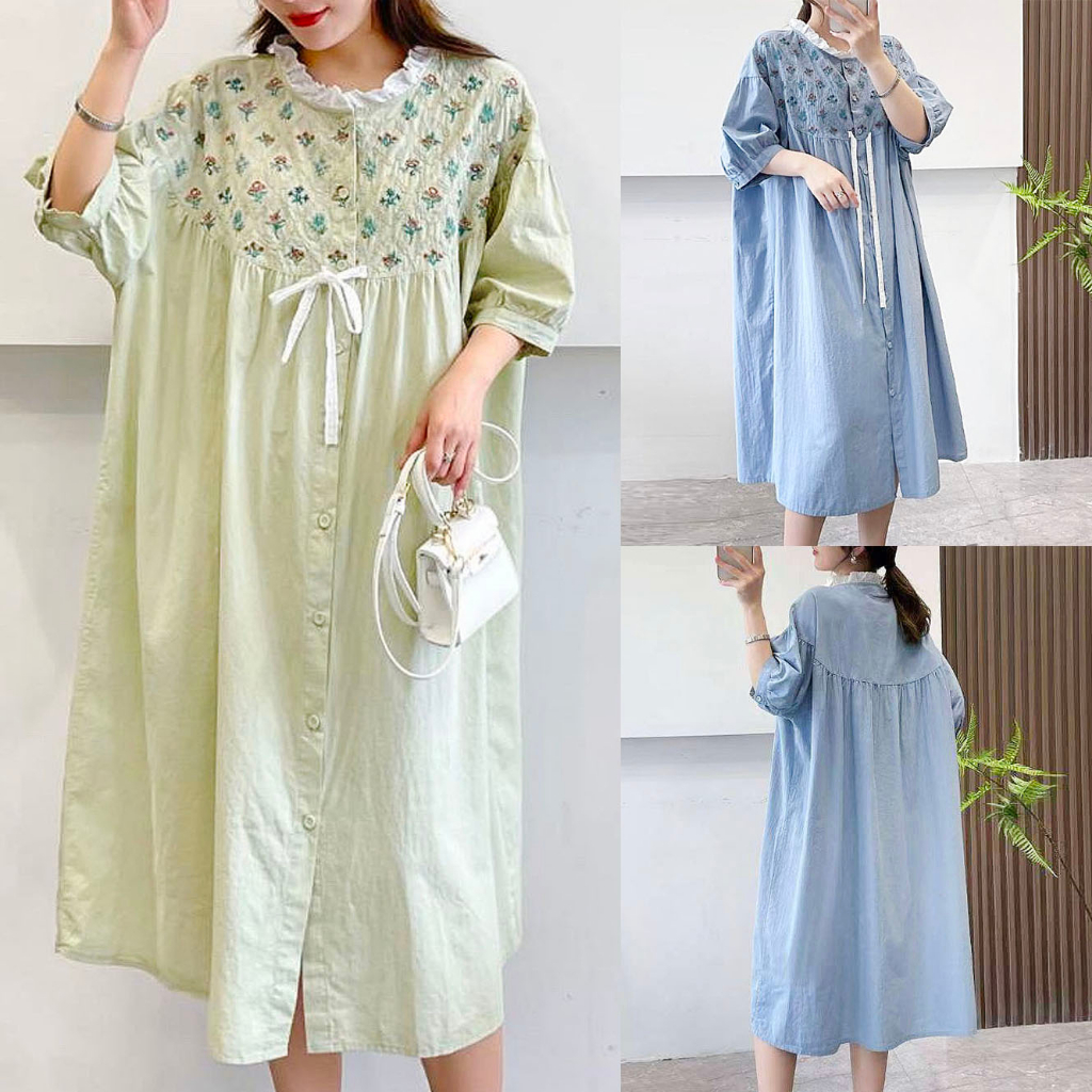 DRESS KATUN PREMIUM HIJAU BIRU BORDIR BUNGA OVERSIZE DROP SHOULDER KOREA IMPORT