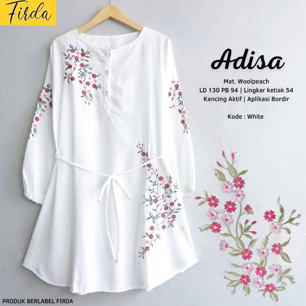 Adisa Tunik Firda Atasan Wanita Lengan Panjang Warna Putih Jumbo Bigsize LD 130 XXXXXL Bahan Wollpea