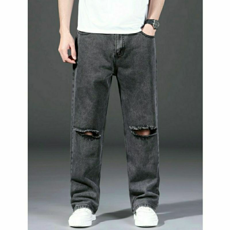 CELANA SOBEK PRIA RIPPED JEANS STANDAR REGULER BASIC ABU GREY PREMIUM 28-38