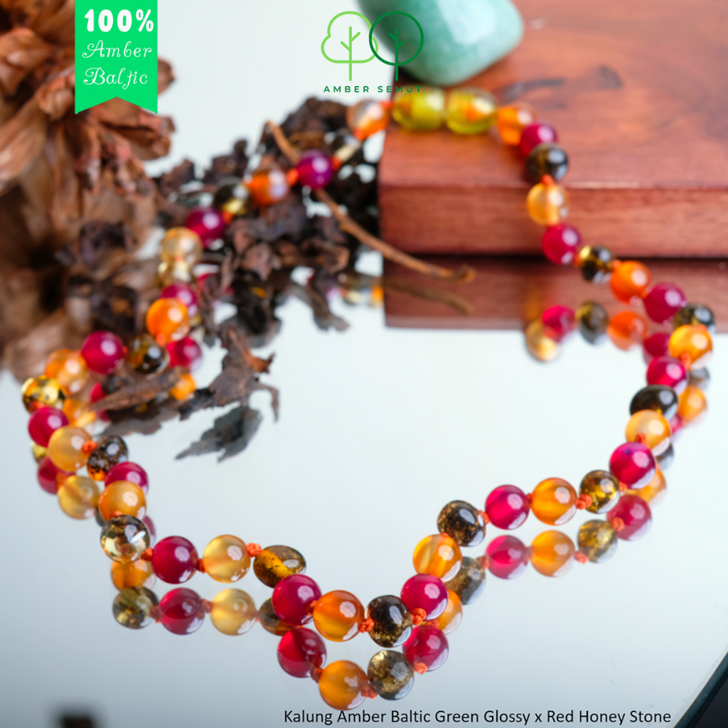 PROMO FREE GELANG - Kalung Amber Baltic Green Glossy X Red Honey Stone by AMBER SEMUT