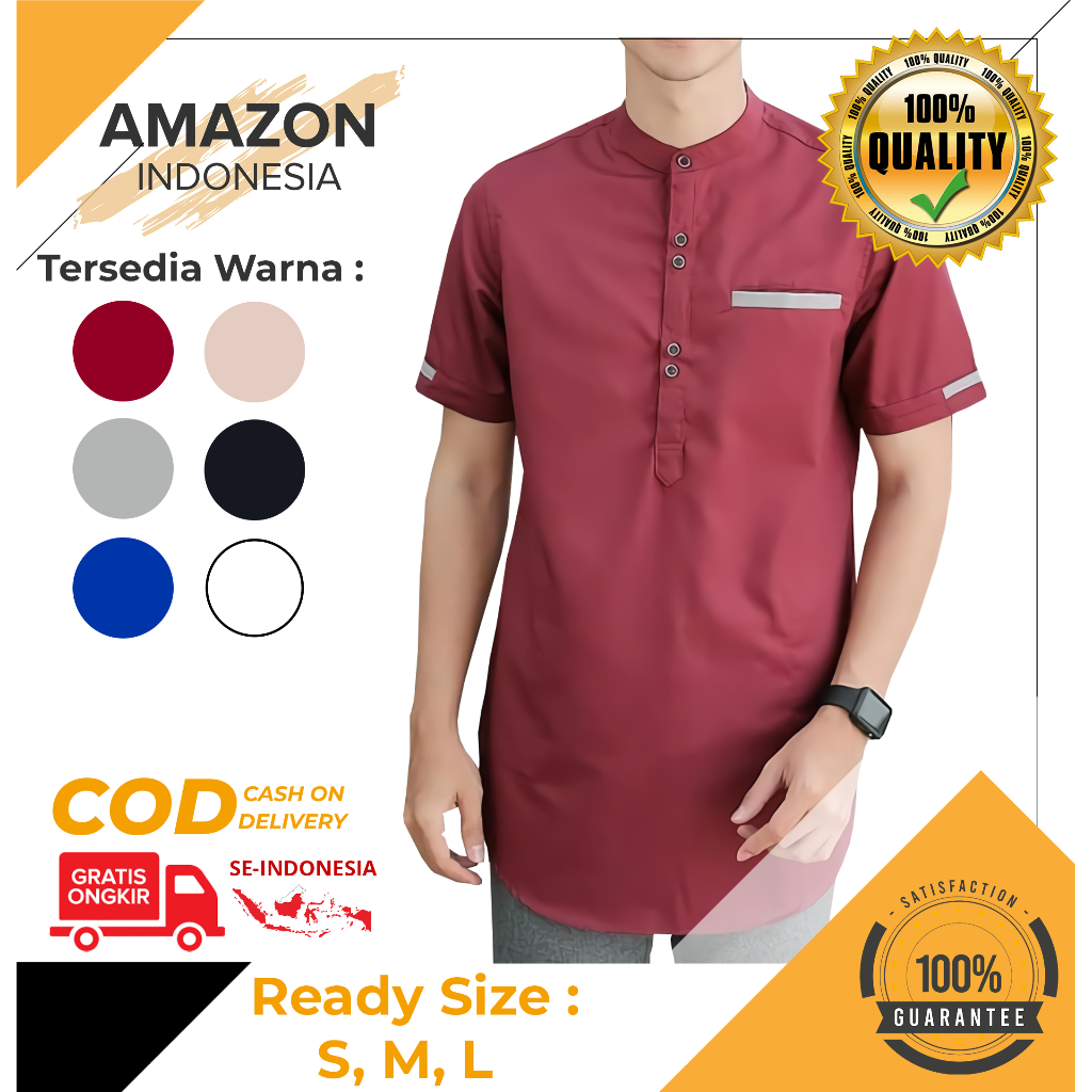 Baju Koko Pria Lengan Pendek Motif Polos Warna Maroon Toyobo - Baju Koko Pria Dewasa