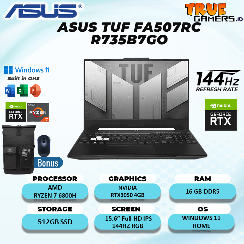 Laptop Gaming Asus TUF FA507RC RTX3050 4GB RYZEN 7 6800H 16GB 512SSD W11+OHS 15.6FHD IPS 144HZ