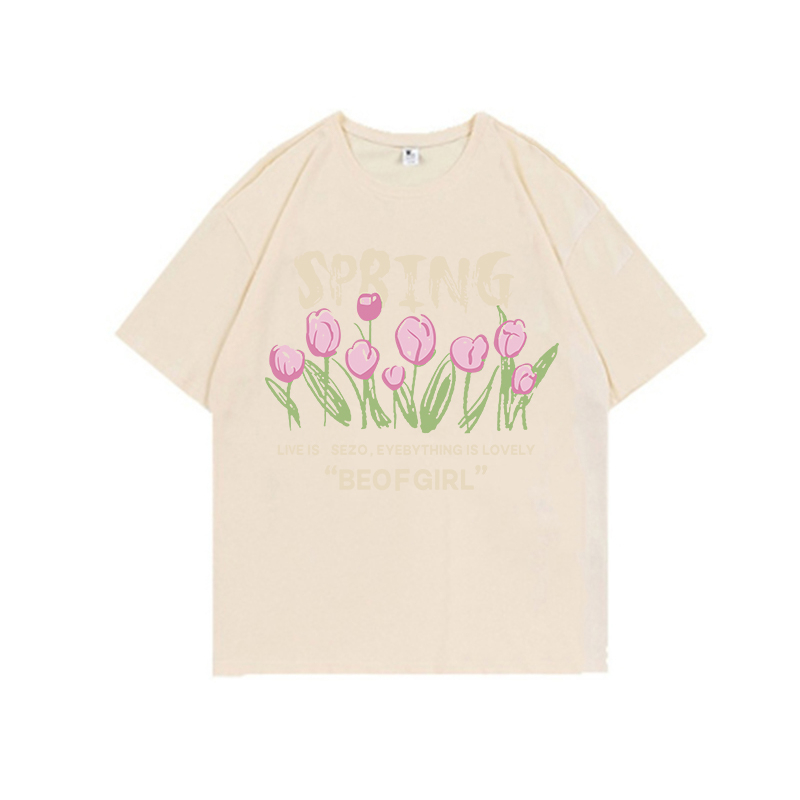 Flower Kaos Lengan Pendek Cream Atasan Wanita Oversize Printed T-shirt Kekinian Korean Style/