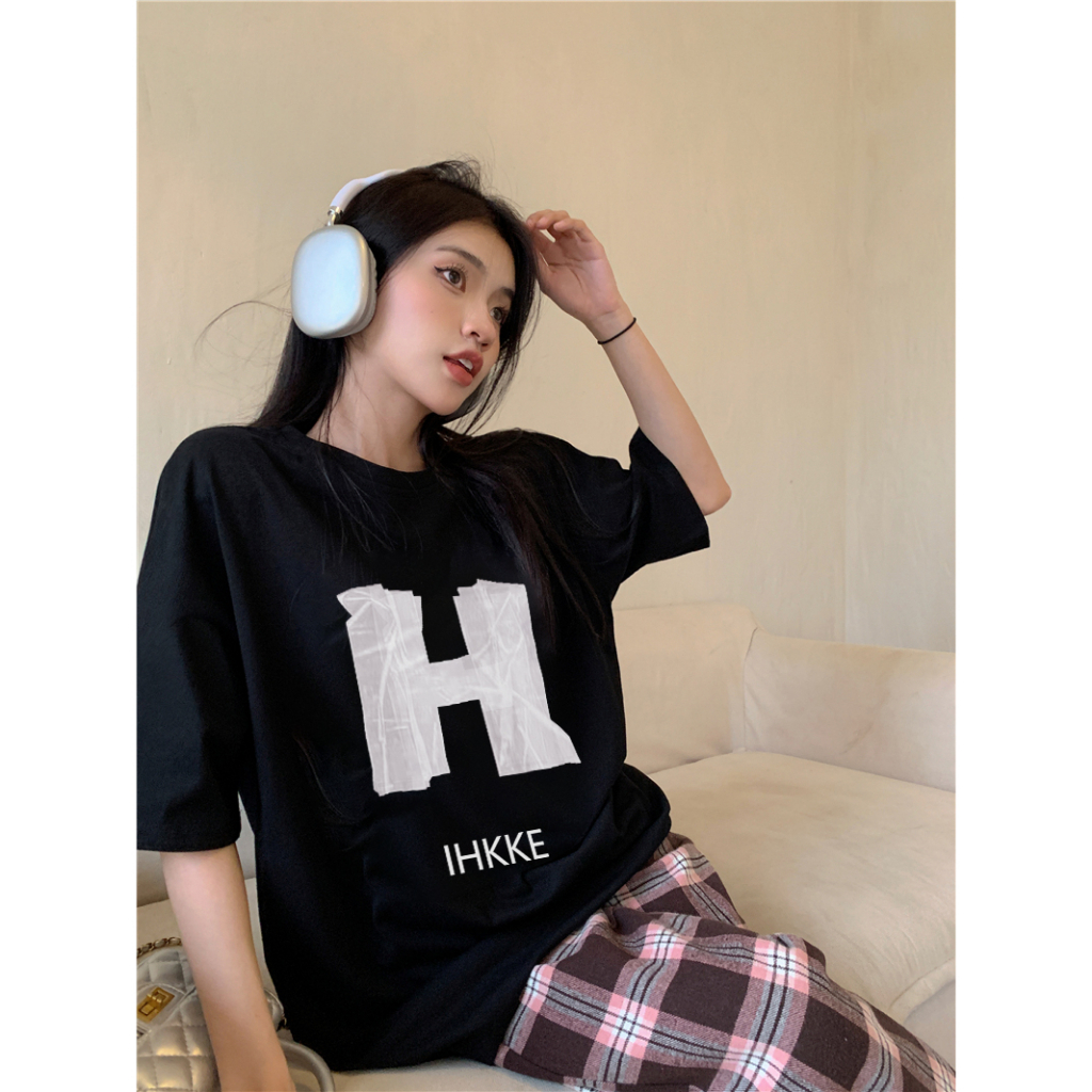 EUNII T-shirt Lengan Pendek Retro H Letter Printing Korean Style/Kaos Atasan Wanita/Baju Wanita/Kaos Wanita