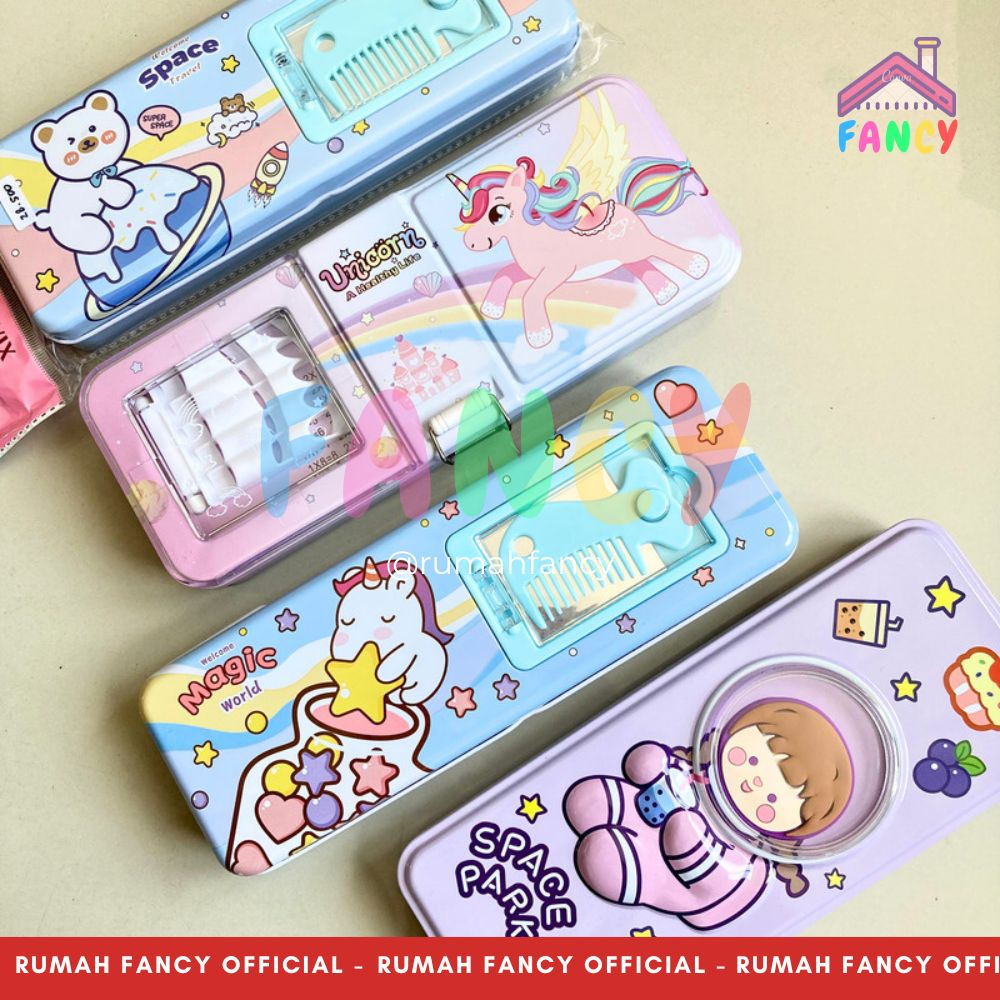 

[FREE DUS + BUBBLE] Tempat Pensil / Kotak Pensil Kaleng susun 2 Tingkat + sisir kaca XIAO LING JING Impport Motif Girl Astronout / Unicorn / Bear / Little Pony Cute Termurah