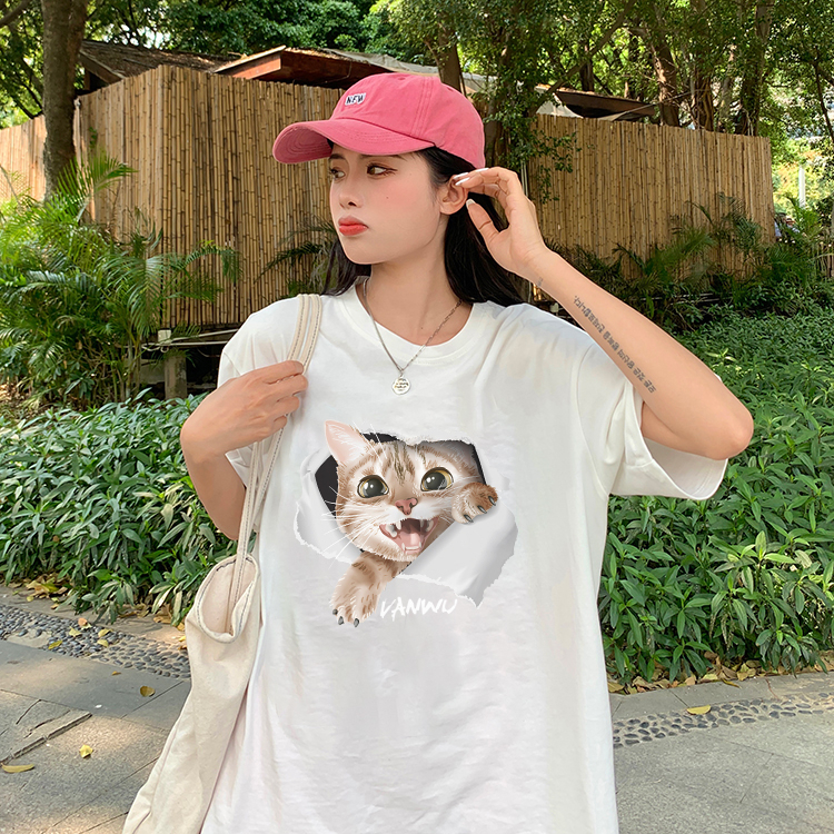 XiaoZhaiNv Kaos Atasan Oversize Wanita Broken Window Kitten Pattern Lengan Pendek A0514