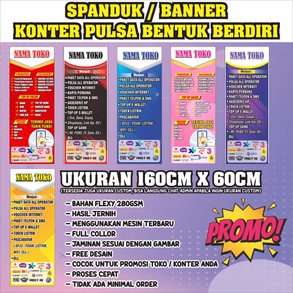 BANNER KONTER PULSA BENTUK BERDIRI UKURAN 60CM X 160CM