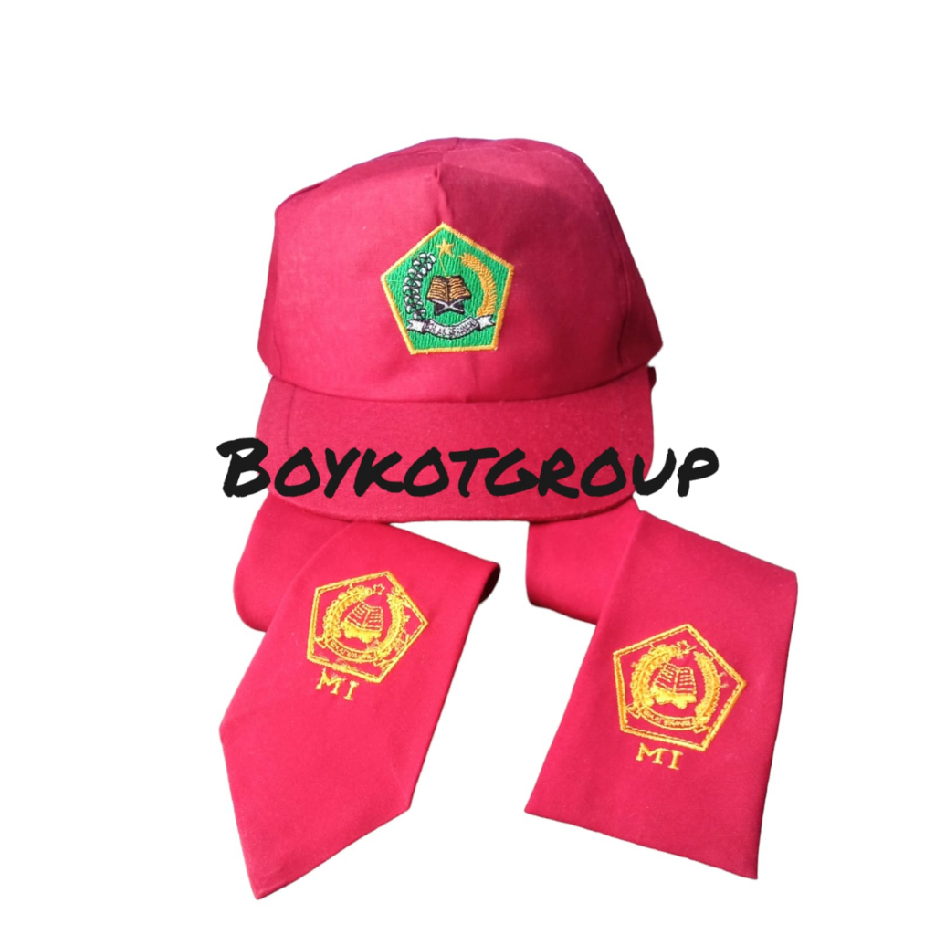 topi mi plus dasi mi bordir perekat panjang paket ekonomis
