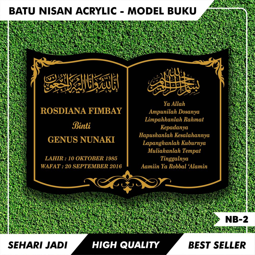 JASMINE_SHOPE (SEHARI JADI) NISAN ISLAM MODEL BUKU CUSTOM AKRILIK MAKAM / PRASASTI TULISAN UKIR NAMA
