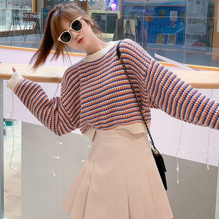 Cardigan Wanita Korea Rajut Lengan Panjang Crewneck Stripe Casual Top