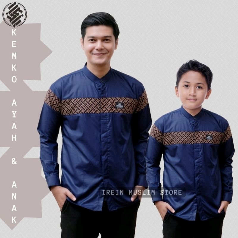 Baju Koko Couple Ayah Dan Anak Laki Laki Lengan Panjang Kombinasi Batik Motif Kobata Kinang