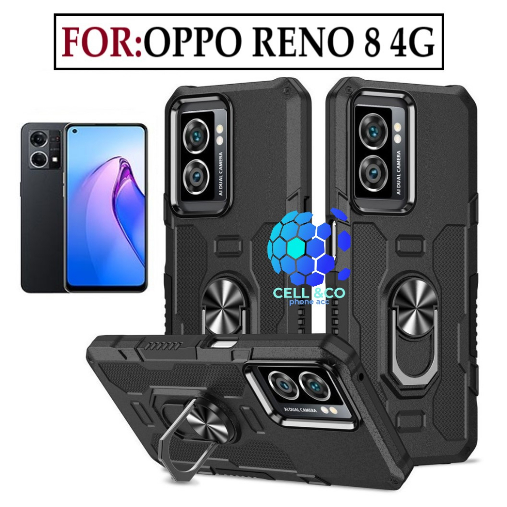 Case Armor OPPO RENO 8 4G Iring Cincin Magnetic Kesing Hp Protect kamera Premium Hard Case Standing Robot Pelindung Kamera