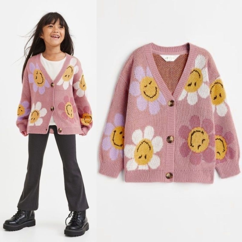 Cardigan Anak Pink Tua Motif Bunga | Floral Dusty Pink