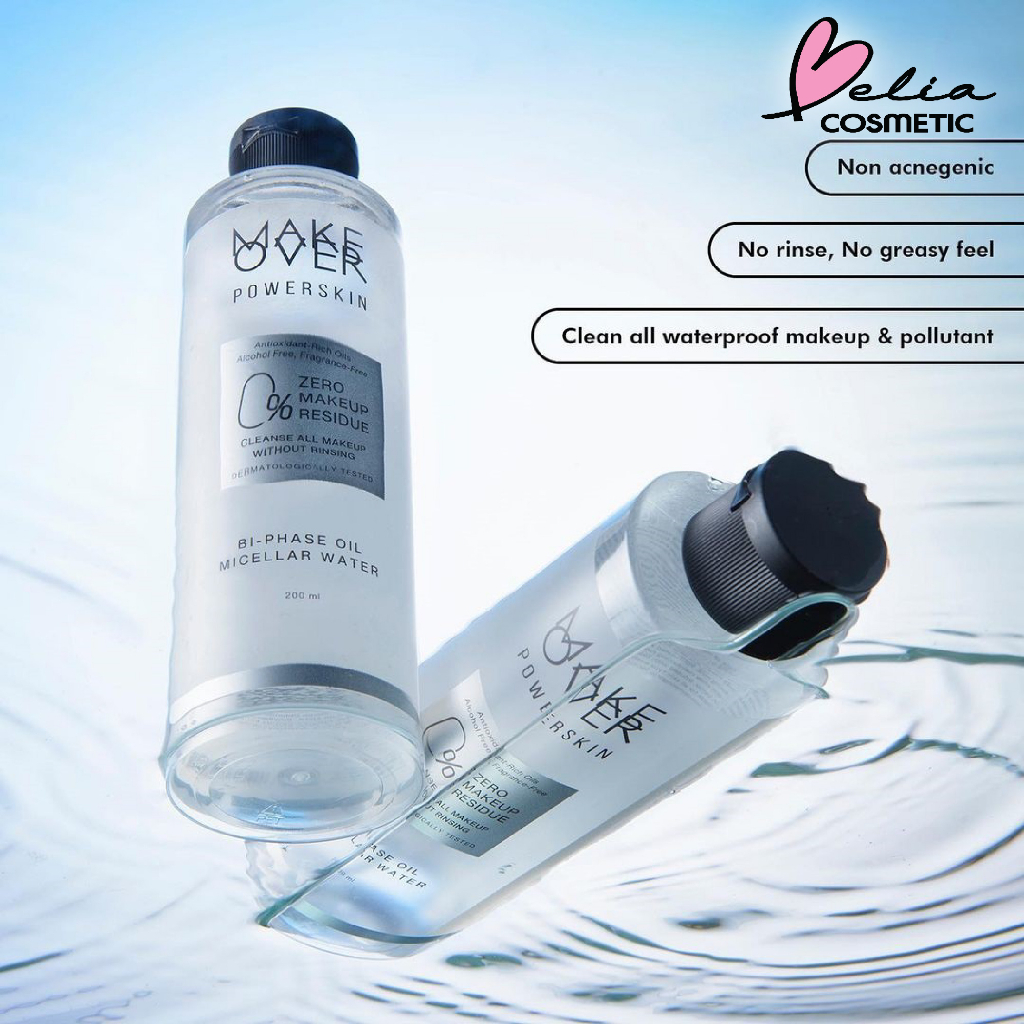❤ BELIA ❤ MAKE OVER Powerskin Bi-Phase Oil Micellar Water 200ml | 0% Zero Makeup Residue | BPOM