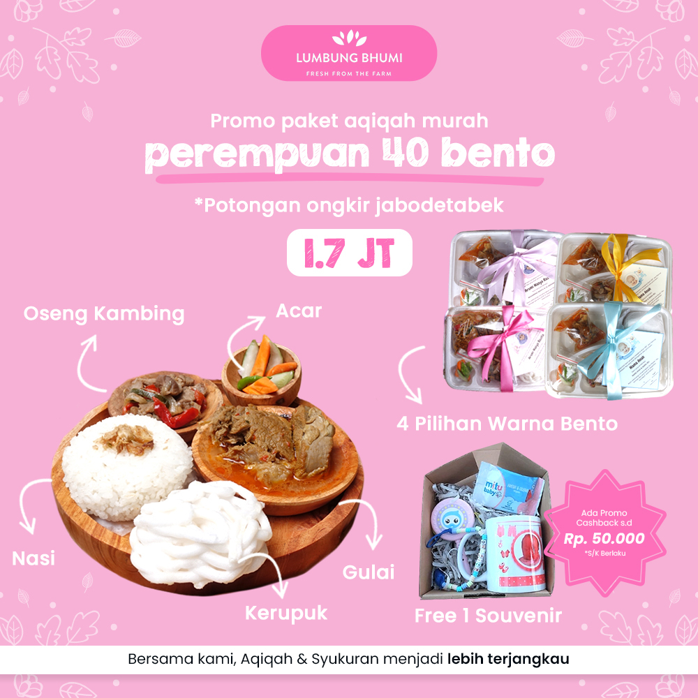 

Lumbung Bhumi - PROMO AQIQAH PEREMPUAN MURAH - 1 Domba Betina - 40 Nasi Box HEMAT