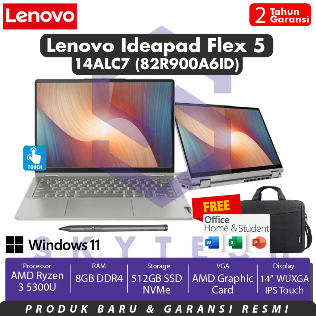 LAPTOP LENOVO FLEX 5 14ALC7 A6ID RYZEN 3 5300U RAM 8GB SSD 521GB FLIP TOUCH WINDOWS11+OHS 82R900A6ID