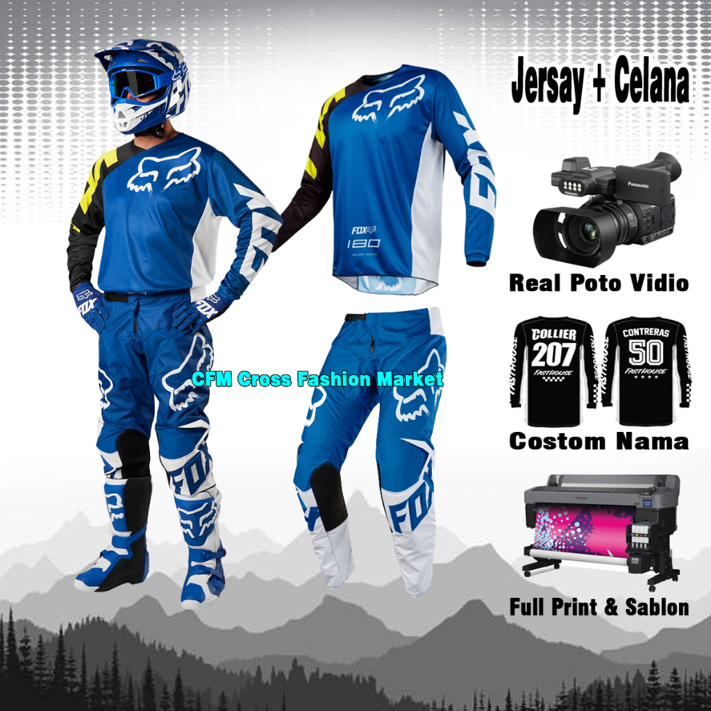 Jersey Kaos Baju Motor Motocross Cross Trail F0X BIRU stabilo putih adventure trabas pria dewasa cro