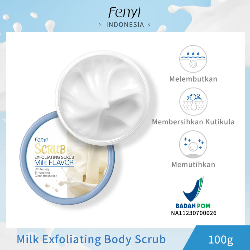 BPOM Fenyi Milk Body Scrub Eksfoliasi Lengan dan Kaki Krim Mencerahkan Menutrisi Membersihkan dengan Lembut 100g