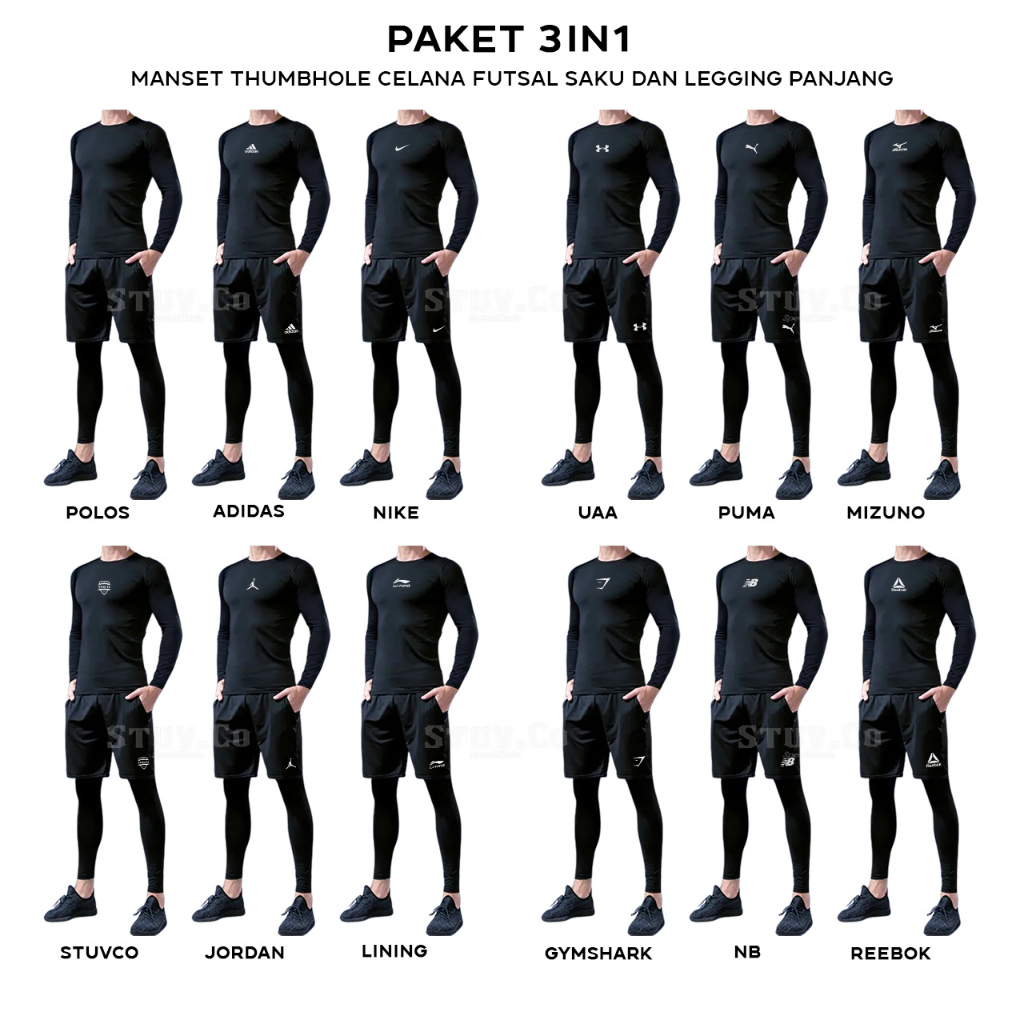 PAKET 3IN1 MANSET BASELAYER THUMBHOLE LEGGING PANJANG DAN CELANA PENDEK SAKU OLAHRAGA