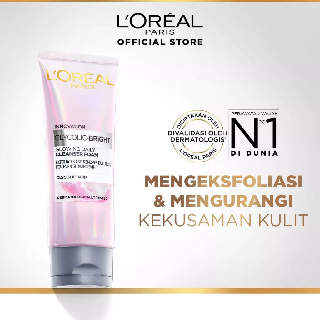 (Sabun Cuci Muka) L'oreal Glycolic Bright Daily Foam Kemasan - 50ml / 100ml Mengeksfoliasi &amp; Mengurangi Kulit Kusam Cleanser Skin Facial Wash Glyco L'oreal Loeral Loreal Foam