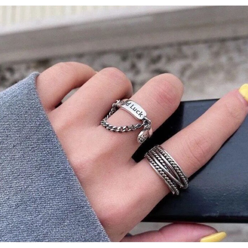 Cincin Retro Isi 2 PCS Cincin Wanita Gaya Retro Rantai Smile Cincin Korea Wanita