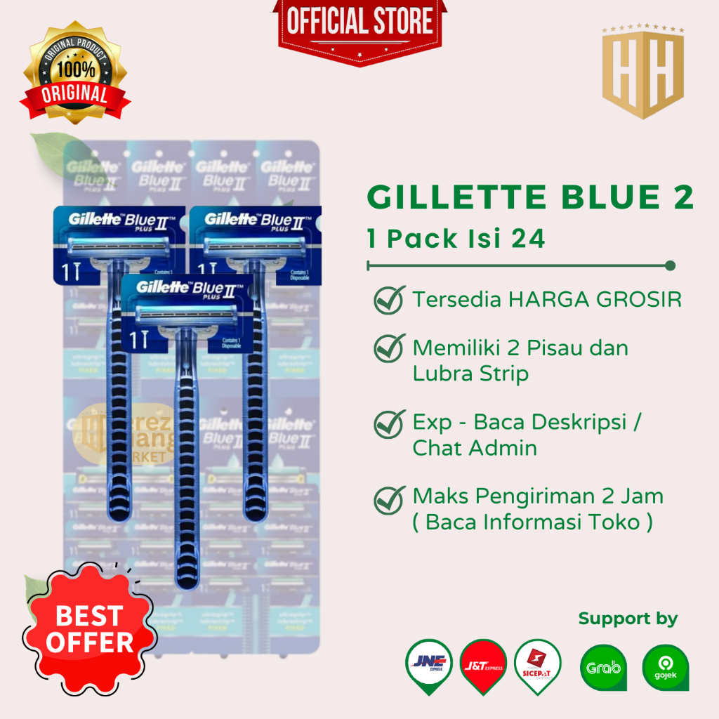 GILLETTE BLUE 2 PLUS Isi 6 Pcs atau 1 Pack = 24 Pcs, Alat Cukur Cukuran Gillette Biru Blue 2 Plus