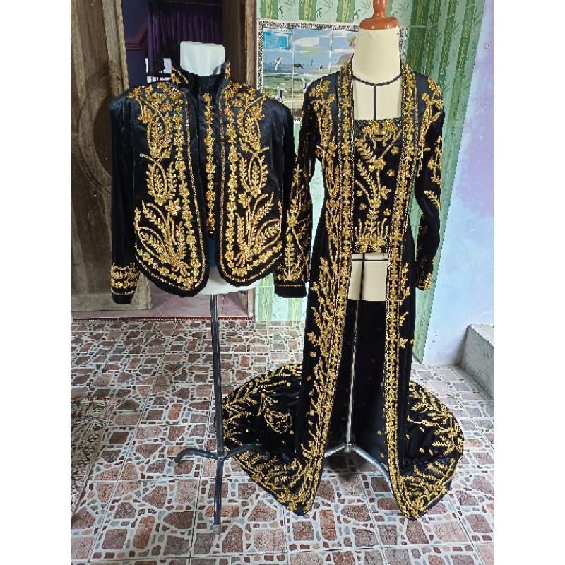 couple kebaya dan beskap bludru pengantin/set pakaian pengantin payet jepang/pakaian pengantin full payet