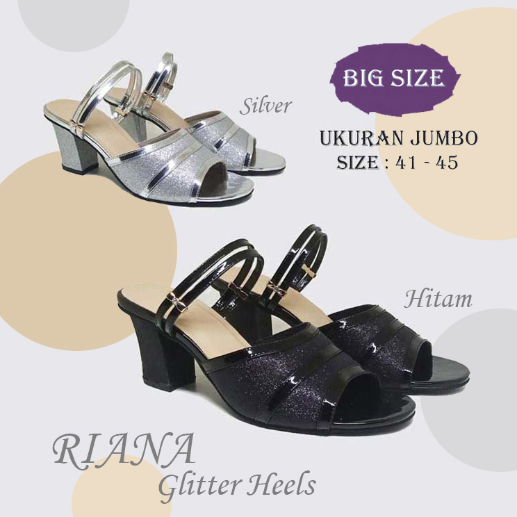 HIGHEELS BIG SIZE / sandal heel wanita pesta cantik mewah / sendal cewek ukuran jumbo besar hak 7 cm tali hitam-silver