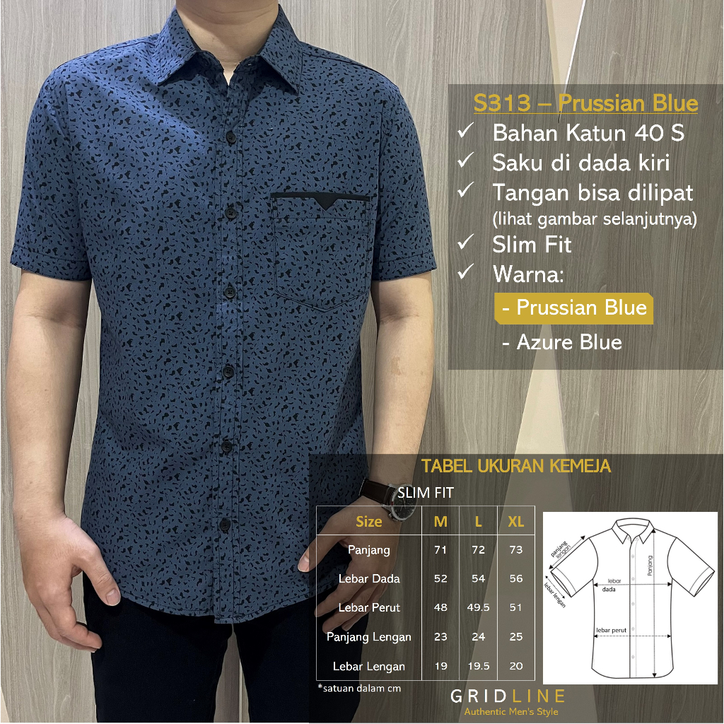 [GRIDLINE - S313 Prussian &amp; Azure Blue] Kemeja Pria Katun Lengan Pendek Slimfit Kerah Modern Elegant Simpel M-XXL