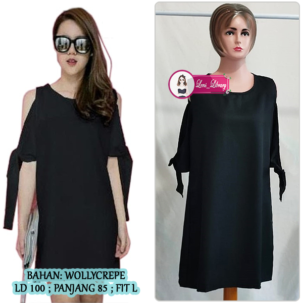 Dress Pendek Cold Shoulder Bahan Wollycrepe Hitam Polos Dress Midi Wanita Lengan Tali Fit L Korean F