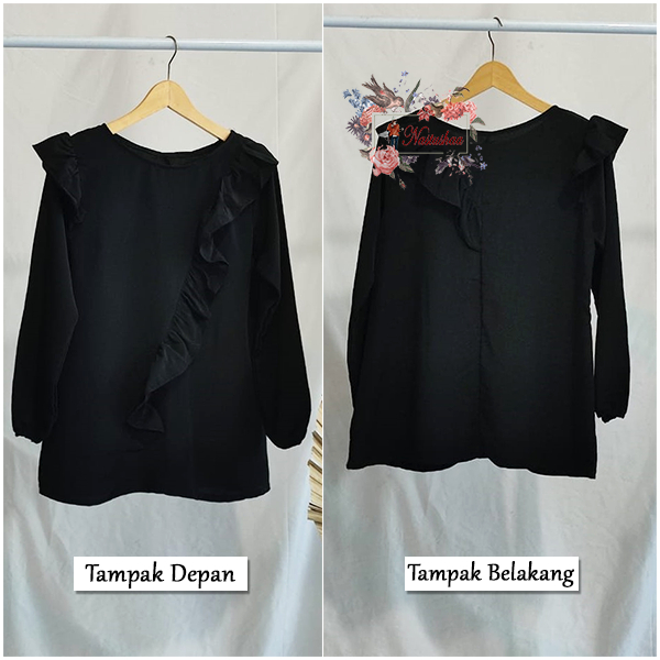 Blouse Wanita Lengan Panjang Karet Baju Atasan Variasi Rumbai Bahan Wollycrepe Warna Hitam Polos Korean Fashion Kekinian Fit-XL