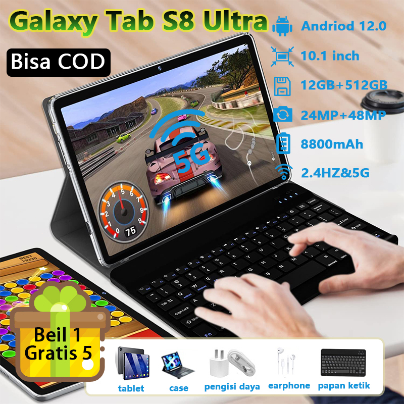 Terbaru 10.1 inch Galaxy Tab S8 Ultra 12GB RAM + 512GB ROM Android Sistem Tab Baru tablet murah Mendukung kartu SIM WiFi Gratis Keyboard + Earphone + Charger + Case Pelindung