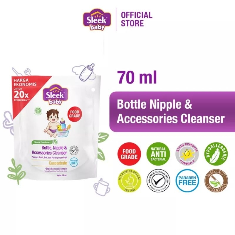 Sleek Baby Bottle Nipple &amp; Accesories Cleanser 70ml Refill Sabun Cuci Botol Susu Bayi Food Grade