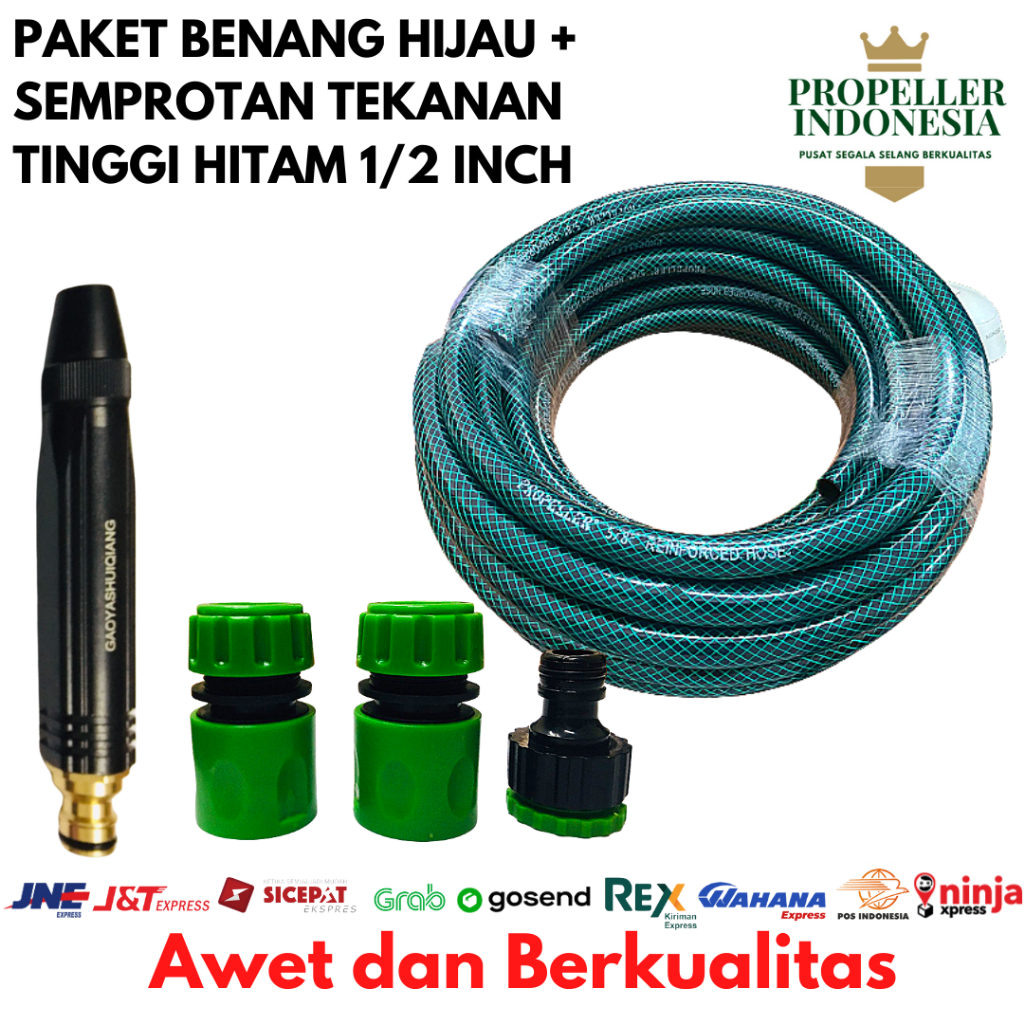 Selang Air Benang 1/2 Inch Hijau Paket Semprotan Air Lurus Hitam