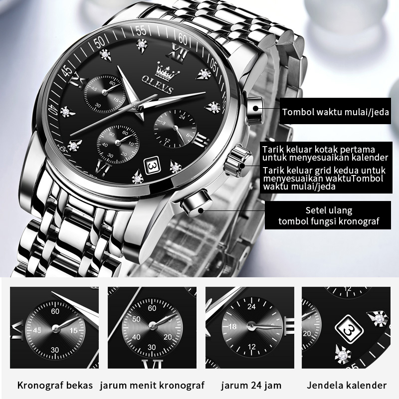 OLEVS Jam Tangan Pria Anti Air Original Stainless Steel Chrono Aktif Cowok Luminous Kalender Analog Men Watch Mode 2858-4