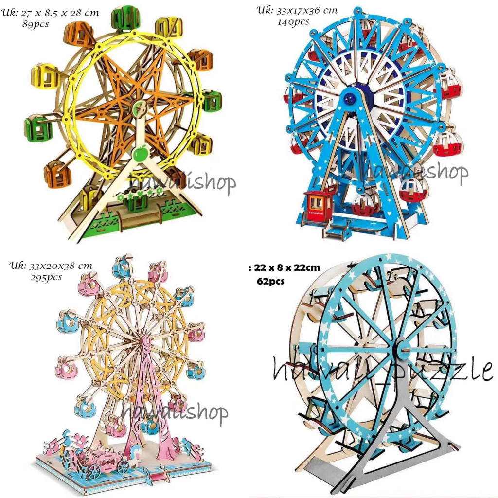 Puzzle 3D DIY bahan kayu model FERRIS WHEEL BLUE mainan puzzle edukasi anak (kado &amp; pajangan)