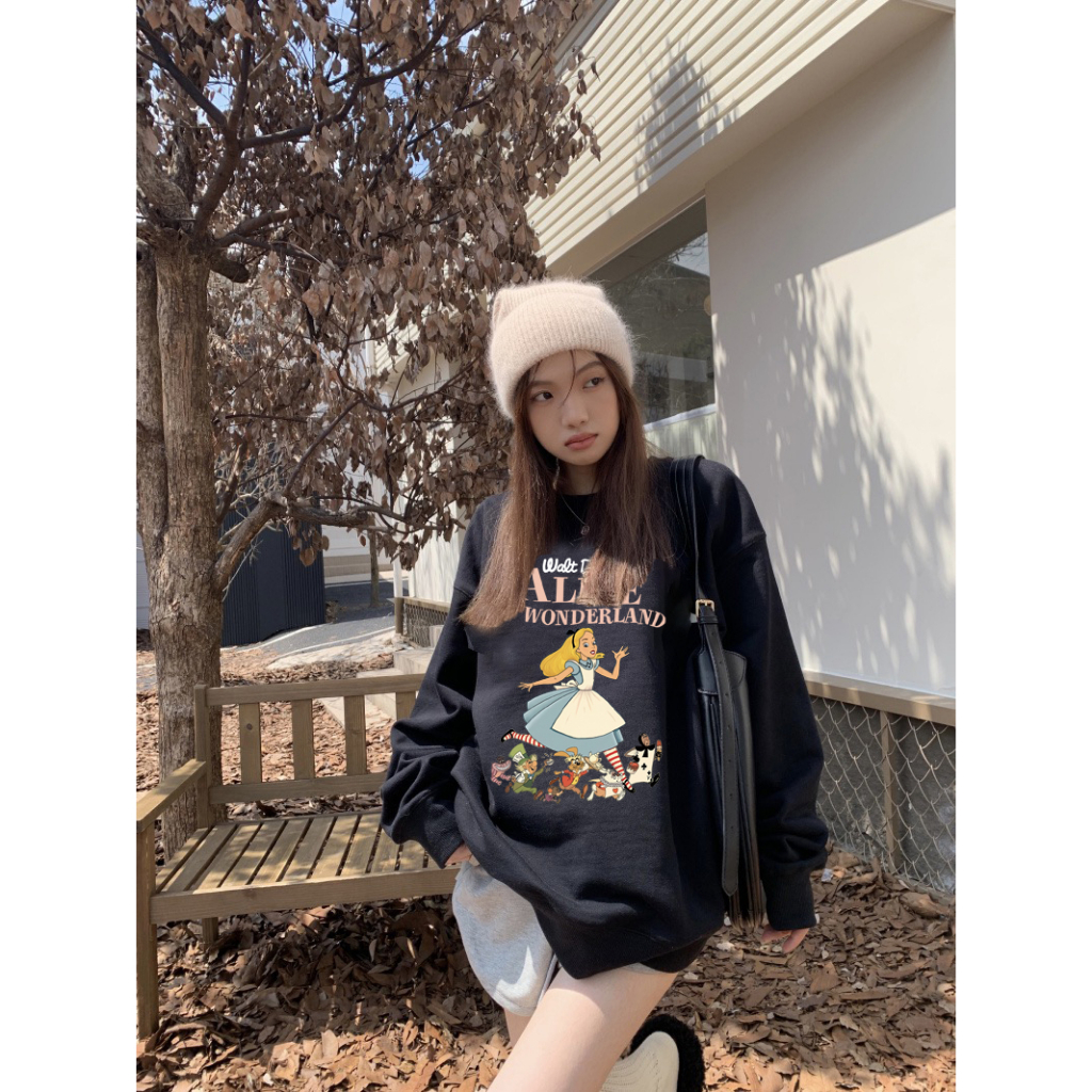 EUNII Sweater Lengan Panjang Cartoon Alice In WonderlandPainting Korean Style/Hoodie Oversize/Baju Wanita/Switer Wanita