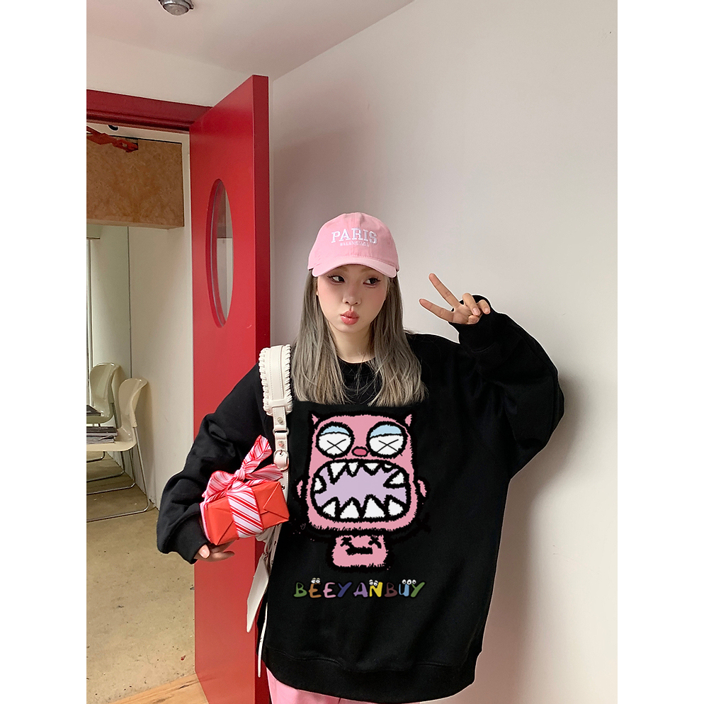 EUNII Sweater Lengan Panjang Cartoon Pink Monster Korean Style/Sweater Crop/Baju Wanita/Switer Wanita/Switer