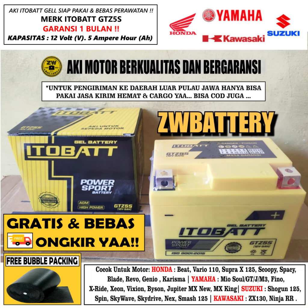 Aki Motor Xeon, Jupiter MX New, MX King, R15, Xabre, Fino, Byson GTZ5S ITOBATT GEL