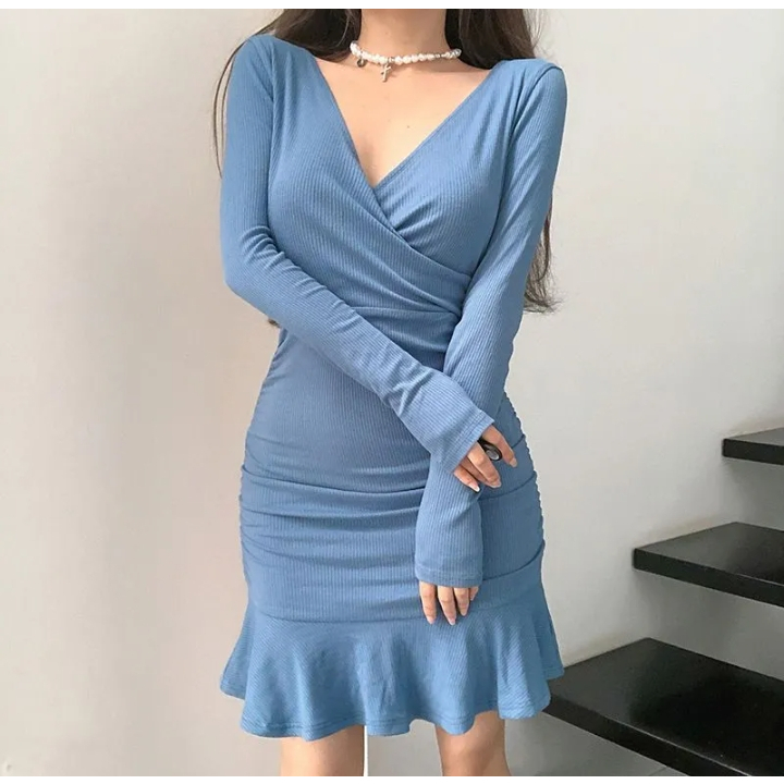 Korean Mini Dress Vneck Body Con Lengan Panjang 1577 (S/M/L/XL)