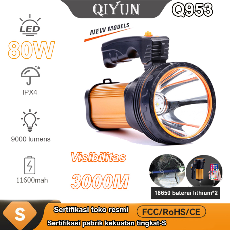 QYD Senter LED Super Terang 80W Tahan air  lampu cas Senter jumbo + Q953