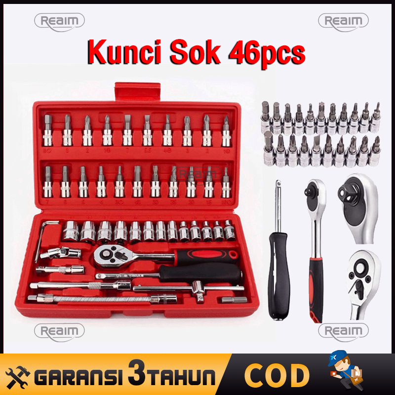 Bisa COD Socket Wrench Pas Socket Set 1/4 Car Repair Tool 46 pcs Lengkap Socket Tool Kit Pas Ring L Motor Mobil