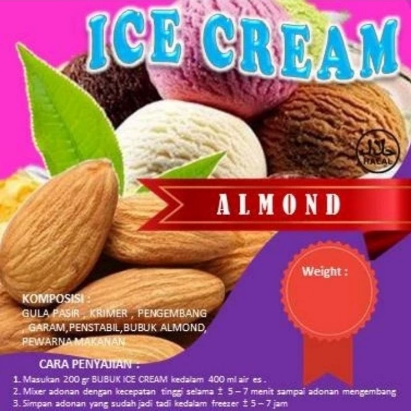 

Bubuk Ice Cream / Bubuk Es Krim Almond 1kg / Bubuk Ice Cream Murah Batavia / Bahan Ice Cream Batavia